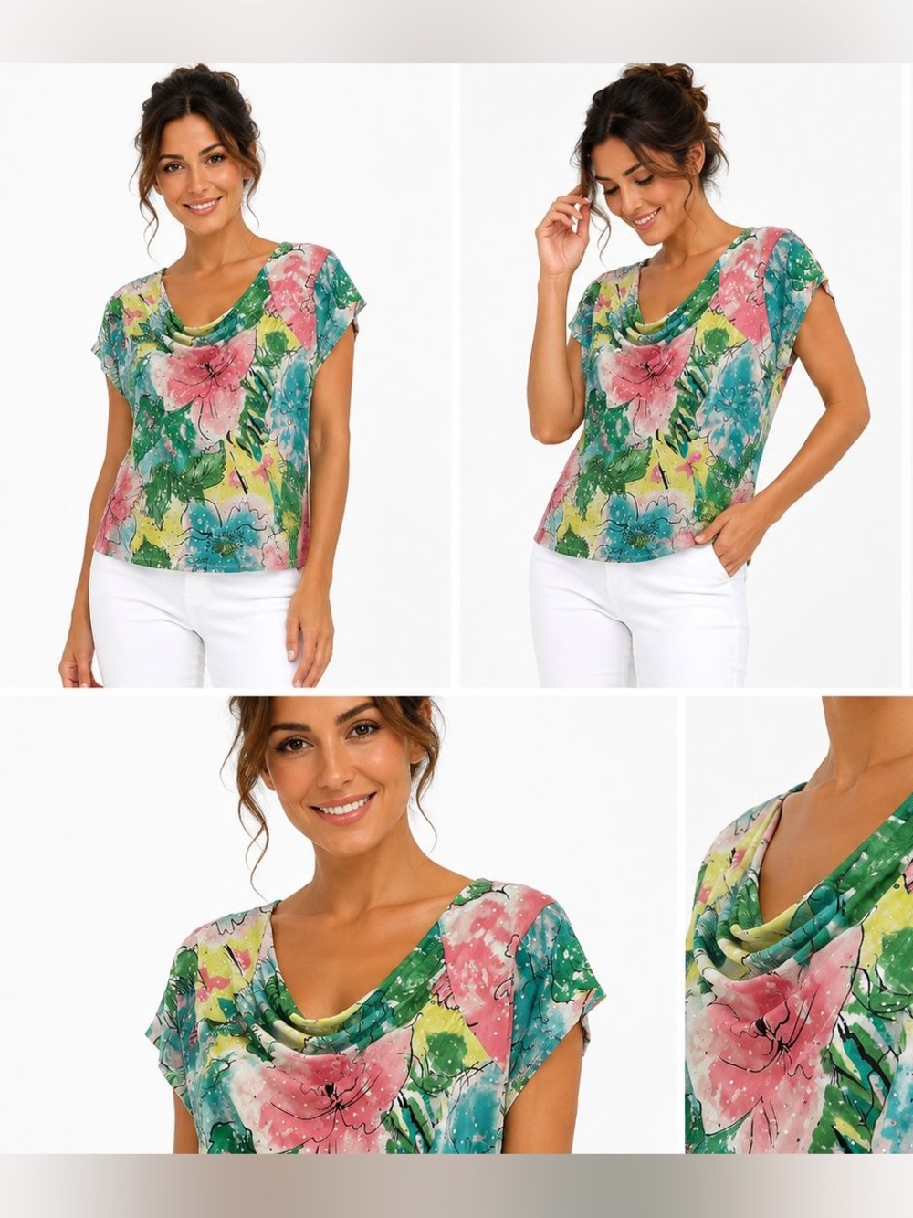 Dress Barn Multicolor Floral Cowl Neck Short Sleeve Top